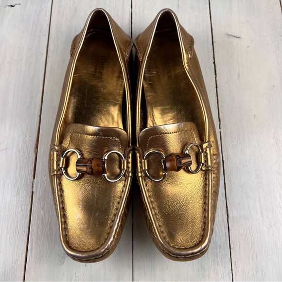 GUCCI metallic gold horsebit bamboo driving loafers moccasins wo… - Picture 1 of 16